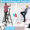 A split image comparing two types of ladders, one stable with a handrail and one unstable, leading to a fall. Voir les images du produit