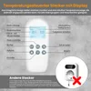 A diagram illustrating the features and controls of a temperature-controlled plug with a display, along with a close-up of the plug itself. Produktbild-Vorschau