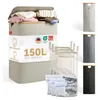 A collage of product images showing a beige laundry basket with a lid, filled with clothes, and also showing individual laundry baskets in different colors and laundry bags. Produktbild-Vorschau