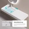 A modern white sink with a faucet and a diagram showing water flow and an angle measurement. Produktbild-Vorschau