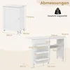 Diagrams showing the dimensions of a white sewing and craft table with storage. Náhled obrázku produktu