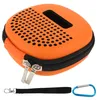 An orange protective case for a speaker, with a black zipper and a black wrist strap and a blue carabiner attached. Produktbild-Vorschau