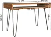 A wooden desk with metal hairpin legs, shown from a front-diagonal angle with dimensions indicated by text overlays. Anteprima dell’immagine prodotto