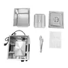 A collection of stainless steel components for a sausage warmer, including a heating unit, a food pan, a perforated insert, a lid, tongs, and instructions, arranged on a white background. Náhled obrázku produktu