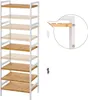 A tall, narrow shelving unit with five wooden shelves and a white frame, shown against a white background. An inset diagram illustrates how the shelves can be adjusted. Produktbild-Vorschau