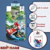 A product image showcasing a Super Mario Kart themed bedding set with various marketing elements and product information. Produktbild-Vorschau