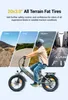 A person riding an electric fat tire bike, with images of different terrains (gravel, sand, meadow, road) displayed in panels above. Produktbild-Vorschau