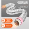 A flexible, insulated aluminum duct hose is shown bent into a curve, with orange light emanating from one end, suggesting airflow. Text overlays describe its features. Anteprima dell’immagine prodotto