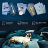 A marketing image showcasing fabric features with a cat in the foreground. Produktbild-Vorschau