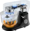 A cutaway view of a black and silver stand mixer, showing its internal mechanics and a transparent mixing bowl with orange arrows indicating airflow. Produktbild-Vorschau