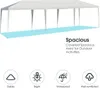 A white party tent is shown from a side angle, with a blue shaded area representing the ground underneath. Below the tent are four circular icons with text labels. Náhled obrázku produktu