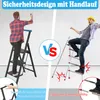 A split image comparing a stable ladder with a handrail to an unstable ladder, with text overlays highlighting safety features and risks. Náhled obrázku produktu