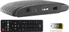 A digital satellite receiver and its remote control are shown against a white background, with an accessory for wall mounting also visible. Produktbild-Vorschau
