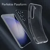 A clear phone case is shown next to a smartphone, with text indicating a perfect fit. Voir les images du produit