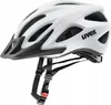A white and black bicycle helmet with straps. Produktbild-Vorschau