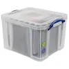 A transparent storage box with blue handles on a white background. Produktbild-Vorschau