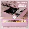 A split image showing two different storage options for a bed frame. The top shows a bed with a large under-bed storage compartment, and the bottom shows a bed with drawers. Produktbild-Vorschau