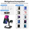 A charging station with a phone, watch, and earbuds, along with compatibility information for various Apple devices. Produktbild-Vorschau