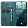 A teal flip case wallet for a smartphone is open, showing the phone screen and card slots with cards and a banknote. Produktbild-Vorschau