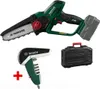 A collection of tools including a cordless chainsaw, a cordless screwdriver, and a carrying case, presented on a white background. Produktbild-Vorschau