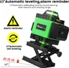 A green laser level device on a black adjustable stand, with informational text and icons surrounding it. Náhled obrázku produktu