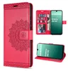A collage of images showing a red wallet-style phone case with a mandala design, and two images of a Samsung Galaxy A16 5G phone inside the case. Produktbild-Vorschau