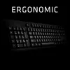 A black ergonomic keyboard is shown at an angle against a black background, with the word "ERGONOMIC" in white text above it. Náhled obrázku produktu
