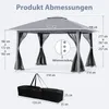 Diagram showing the dimensions of a gray gazebo with black curtains and a black carrying bag. Produktbild-Vorschau