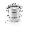 A stainless steel steamer with three tiers and a glass lid, shown against a white background. A clear tube extends from the bottom tier. Náhľad obrázku produktu