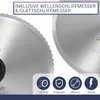Close-up view of two circular blades, one with a serrated edge and the other smooth, with icons and text indicating product features at the bottom. Produktbild-Vorschau