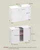 Two views of a white bathroom vanity cabinet with dimensions indicated by text and lines. Produktbild-Vorschau
