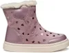 A single pink boot with heart patterns and a white fuzzy lining. Produktbild-Vorschau
