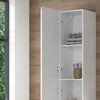 A white bathroom cabinet with its doors open, showing shelves with towels and a basket. Produktbild-Vorschau