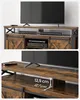 Collage of two images showing a rustic style TV stand with sliding doors. The top image shows a TV on top and media components inside. The bottom image zooms in on the TV stand's shelf height with measurements. Produktbild-Vorschau