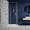 A modern bathroom with a shower cabin, sink, and mirror. Produktbild-Vorschau