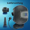 A pond pump and its accessories are displayed against a blue gradient background, with text indicating "Lieferumfang" (scope of delivery). Produktbild-Vorschau