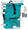 A teal backpack with a floral pattern, featuring various labels pointing out its features. Produktbild-Vorschau