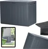 A collage of images showing a dark grey plastic storage box from different angles, including a close-up of the lid and a lifestyle shot of the box in an outdoor setting. Náhled obrázku produktu
