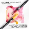 Two dual-tip markers, one red and one yellow, are placed on a watercolor background with text describing their features. Produktbild-Vorschau