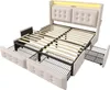 A beige upholstered bed frame with a slatted mattress support and four storage drawers pulled out. The headboard has integrated LED lighting. Produktbild-Vorschau