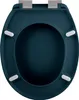 A top-down view of a dark blue toilet seat with silver hinges. Produktbild-Vorschau