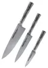 Three kitchen knives of varying sizes arranged diagonally on a white background. Podgląd zdjęcia produktu