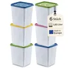 Six stacked food storage containers with lids in various colors. Produktbild-Vorschau