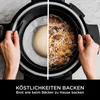 A split image showing raw bread dough on the left and baked bread with cheese on the right, inside a cooking pot. Produktbild-Vorschau