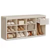 A light wood-colored shoe bench with multiple compartments and a drawer. Náhled obrázku produktu