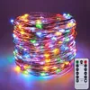 A coiled string of colorful LED lights with a remote control. Produktbild-Vorschau