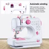 A white and pink electric sewing machine is shown, with an inset image demonstrating the automatic winding feature. Produktbild-Vorschau