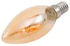 A close-up studio shot of a single LED filament candle light bulb with an amber glass bulb and a silver screw base, isolated on a white background. Produktbild-Vorschau