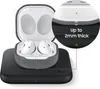 A wireless charger pad with earbuds and their case on top, with a close-up inset showing the thickness of the case. Produktbild-Vorschau