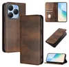 A collage of images showcasing a brown leather phone case with a flip cover, displaying different angles and the phone inside. Produktbild-Vorschau